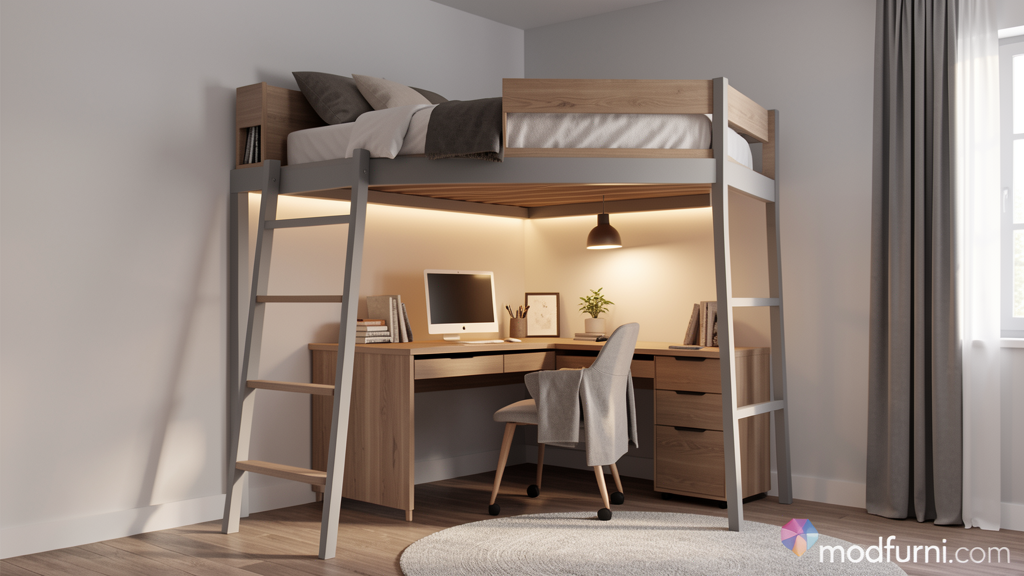 Modern loft bed with built-in shelf for small bedroom