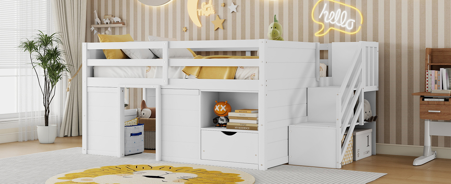 Full Size Solid Wood Low Loft Bed Frame