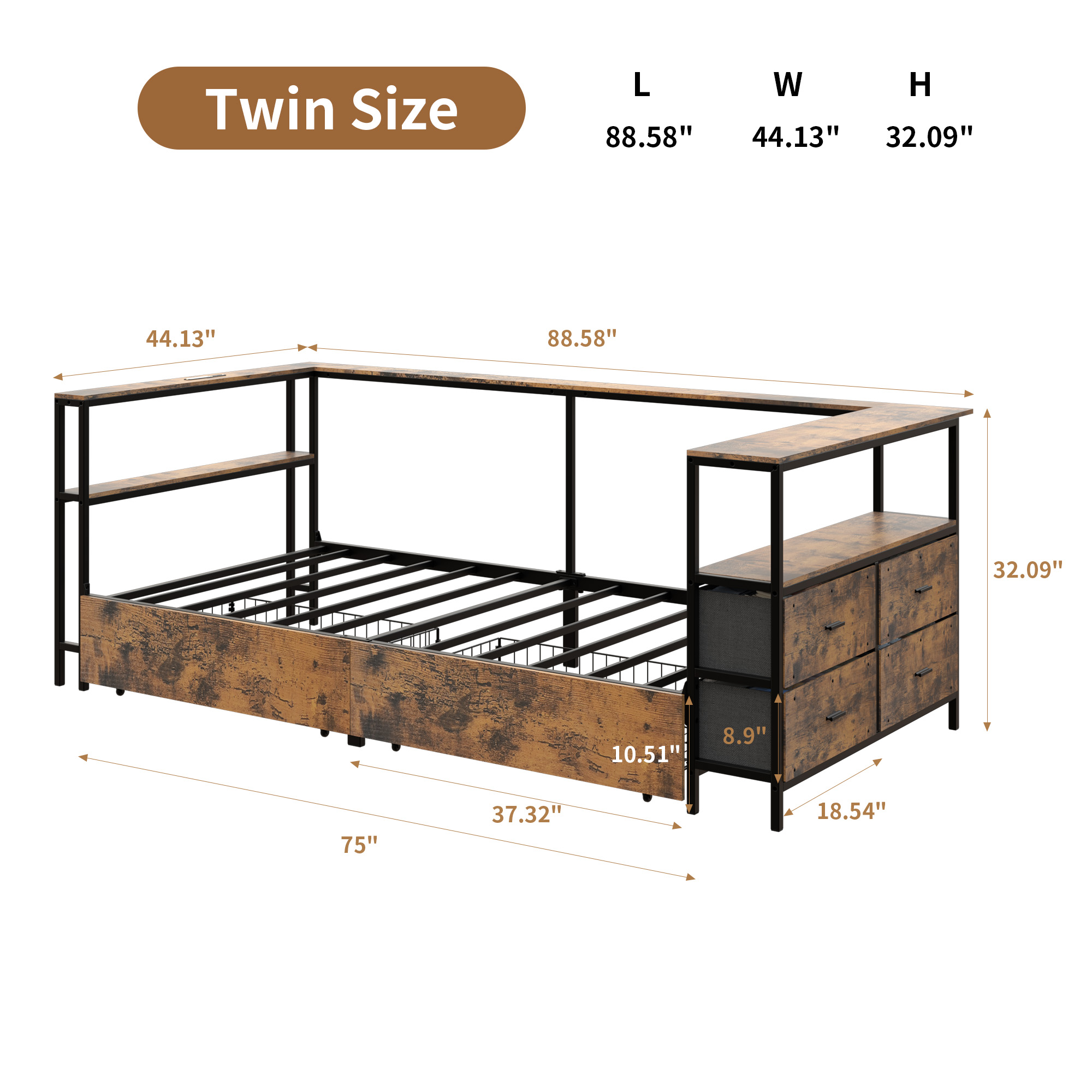 Twin Size Metal Platform Bed Frames with Storage Drawers