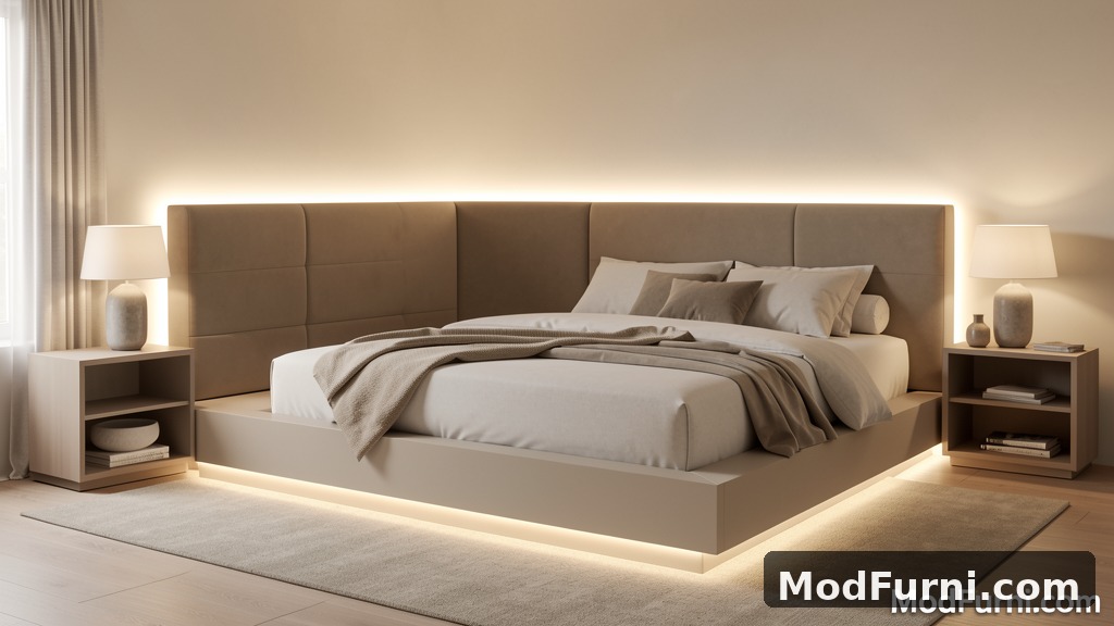 Modern platform bed with integrated LED strip lighting in a stylish bedroom