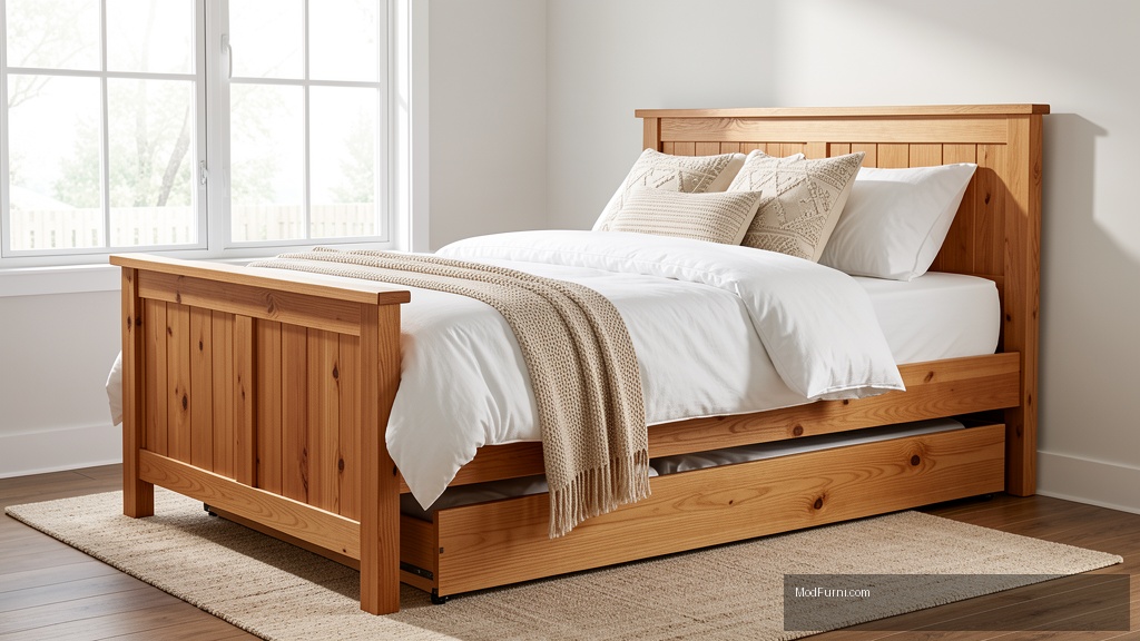 Wood daybed frame in a cozy bedroom setting with trundle
