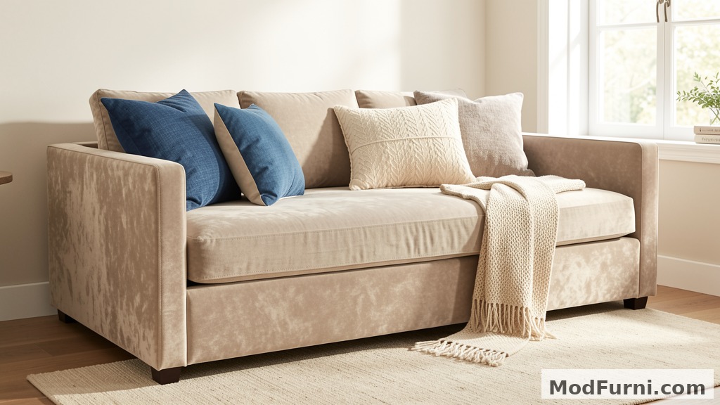 Upholstered daybed with decorative pillows and throw blanket in a bright bedroom