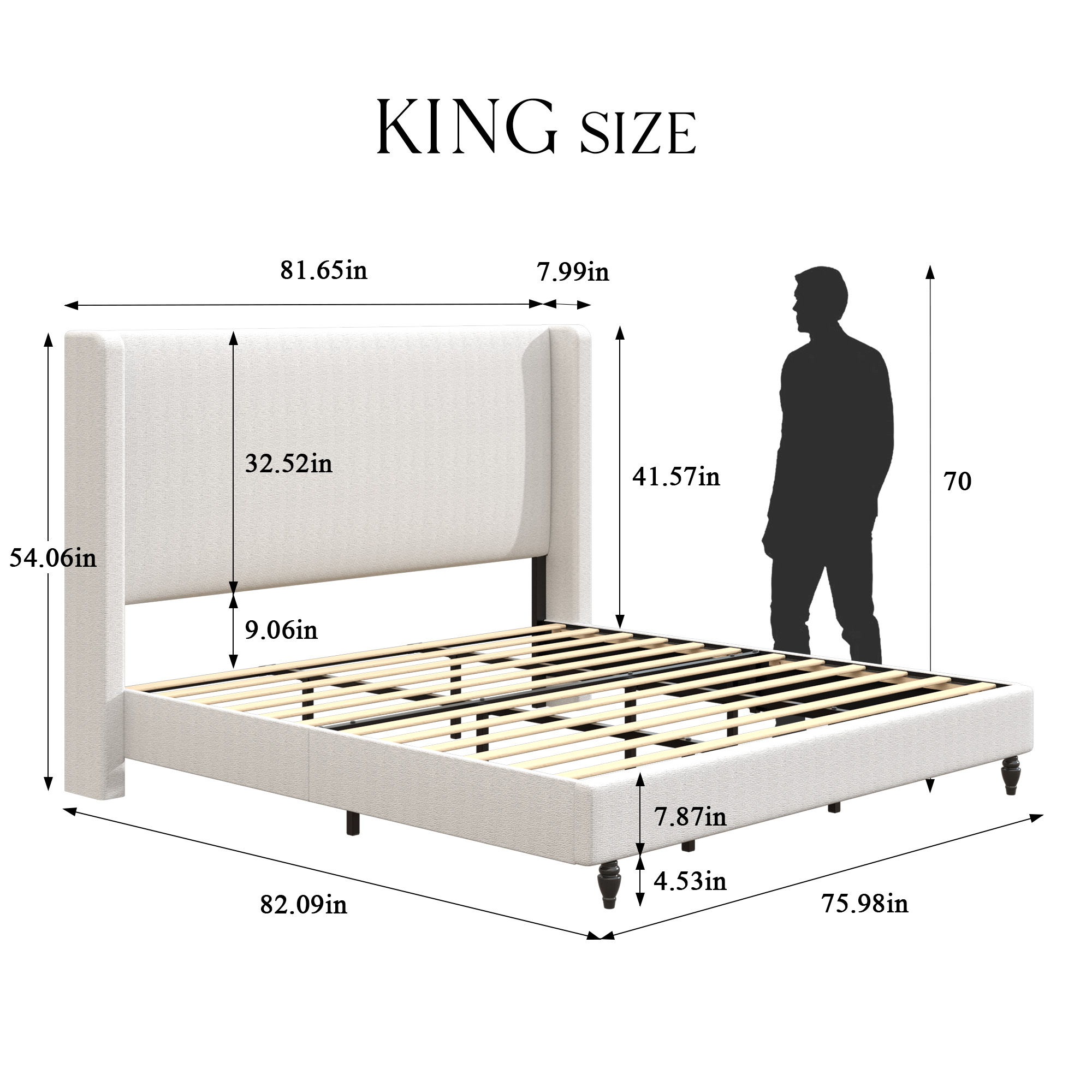 King Size Upholstered Bed Frame with Solid Wood Legs