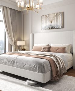 King Size Upholstered Bed Frame with Solid Wood Legs