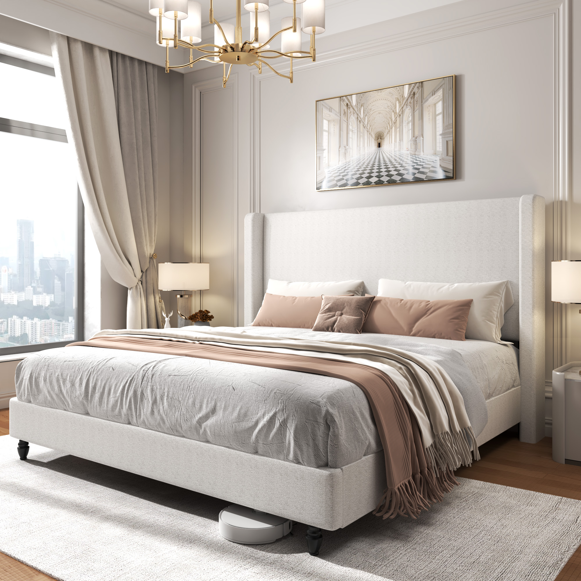 King Size Upholstered Bed Frame with Solid Wood Legs
