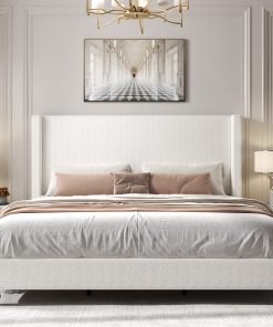 King Size Upholstered Bed Frame with Solid Wood Legs