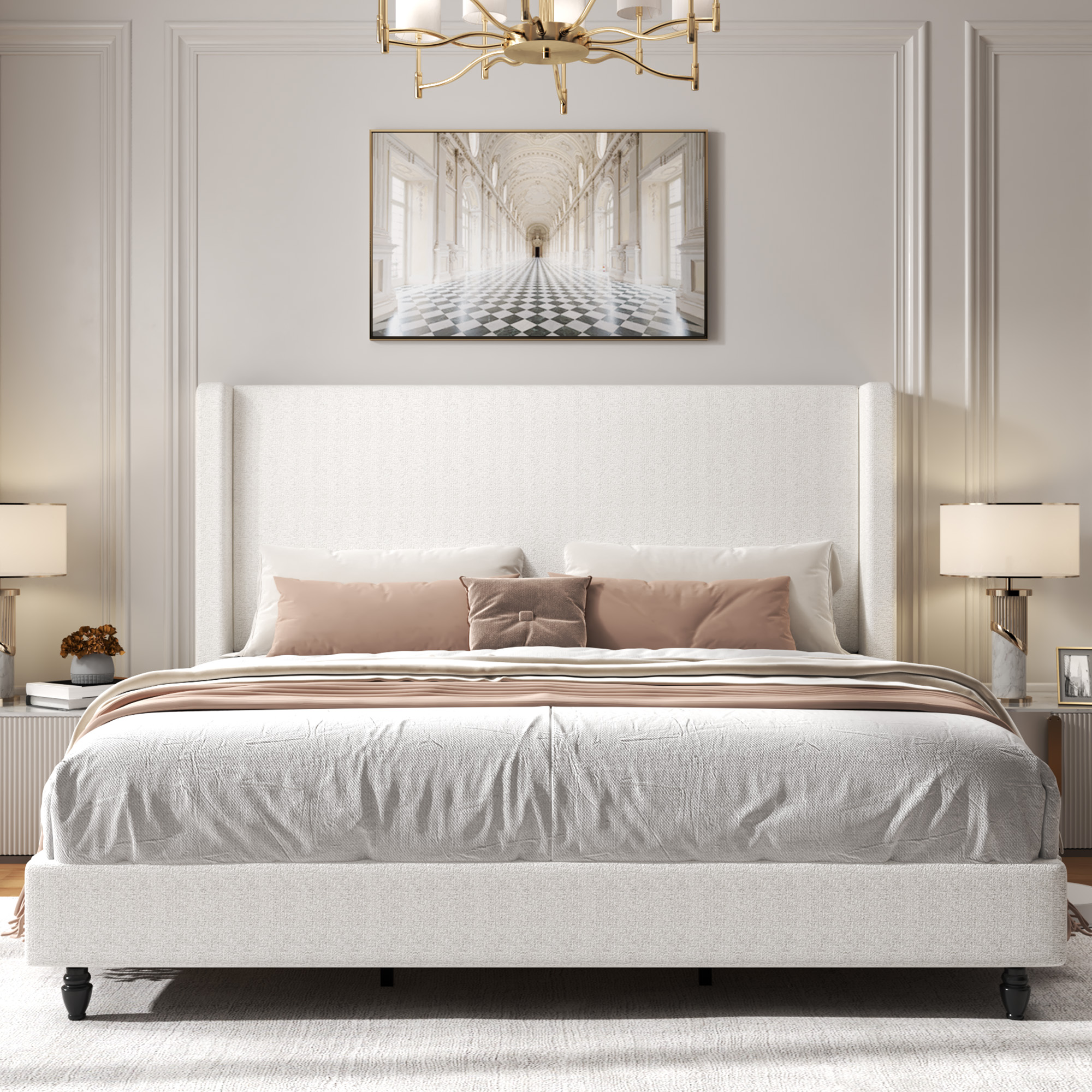 King Size Upholstered Bed Frame with Solid Wood Legs