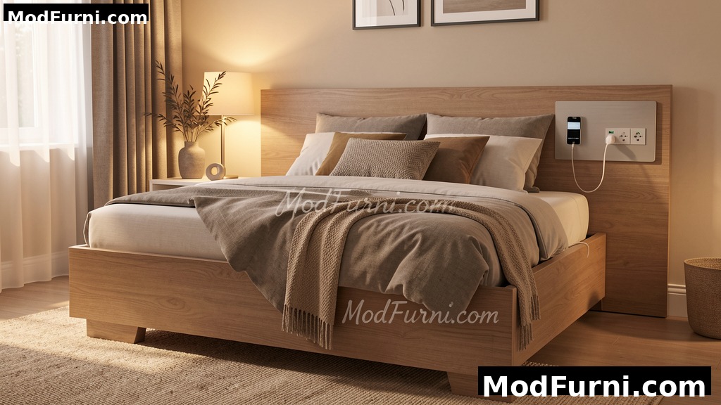 A modern daybed with built-in USB charging station in a cozy bedroom setup