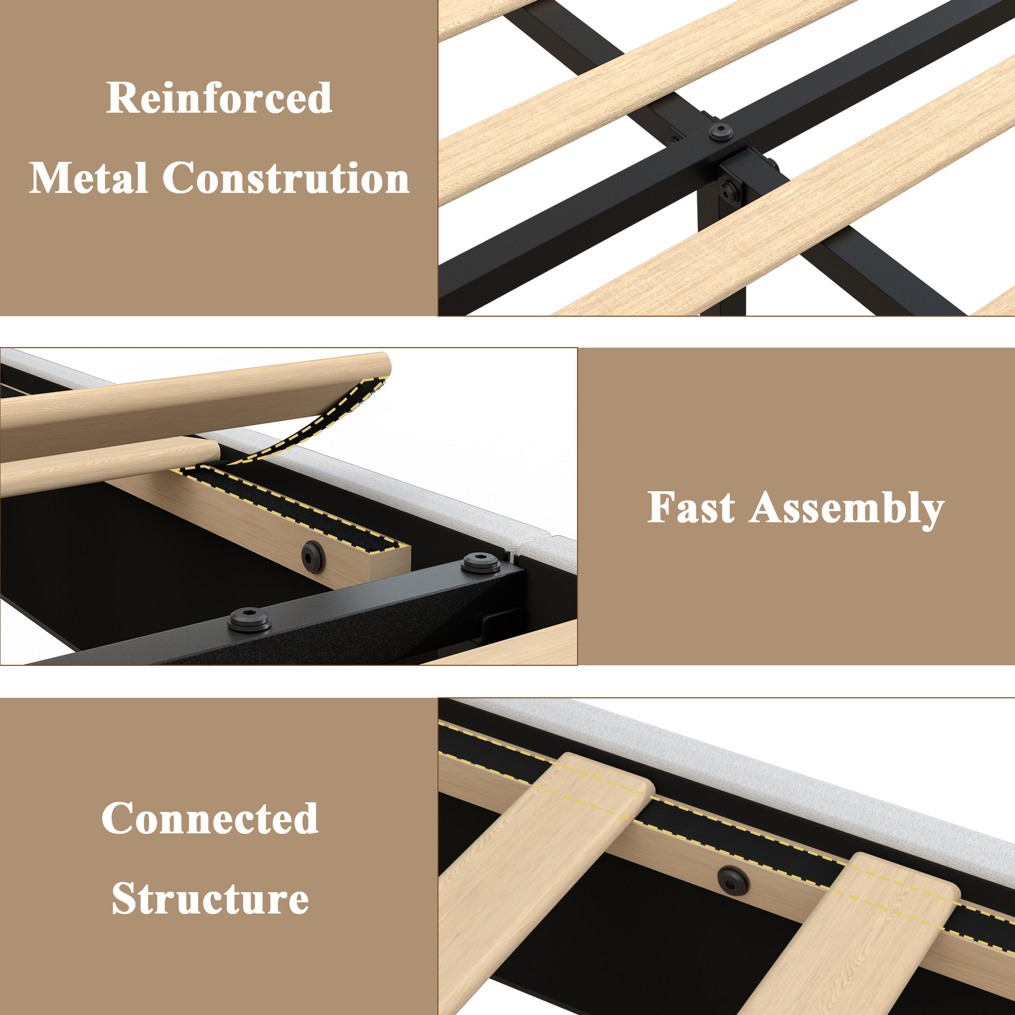 King Size Upholstered Bed Frame with Solid Wood Legs