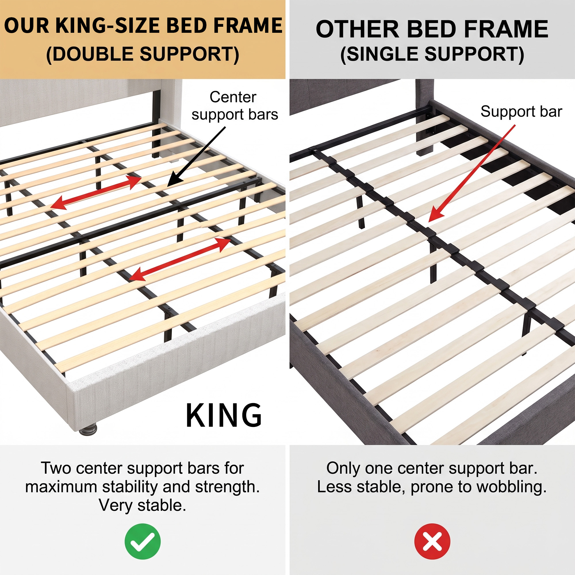 King Size Upholstered Bed Frame with Solid Wood Legs