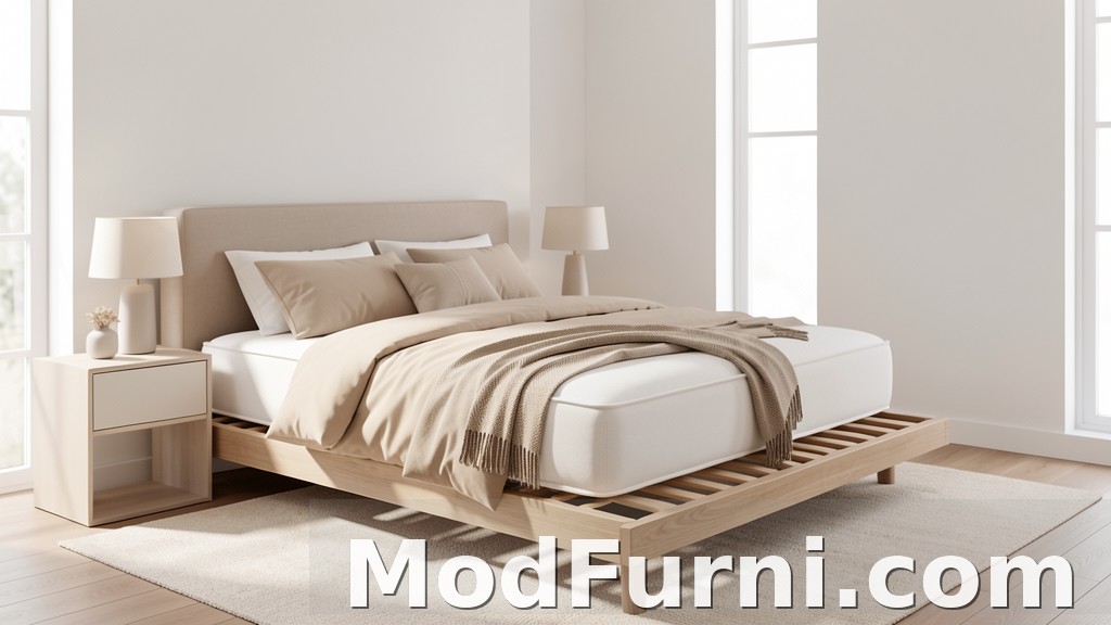 Modern mattress foundation with wooden slats in a bright bedroom
