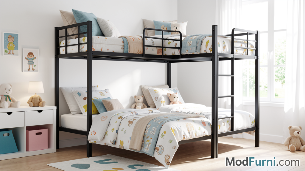 Metal twin over full bunk bed in a modern kid's bedroom