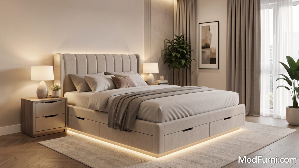 Modern queen size corner bed frame with storage drawers in a stylish bedroom