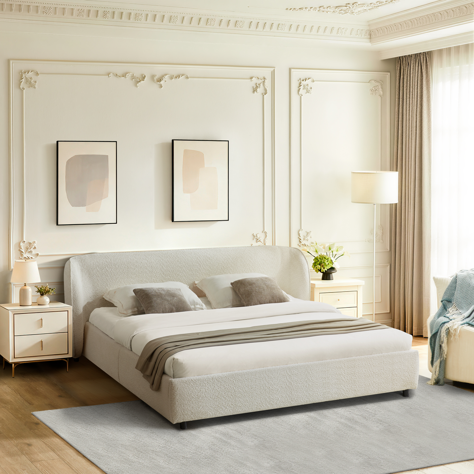 Queen Size Boucle Fabric Upholstered Bed Frame