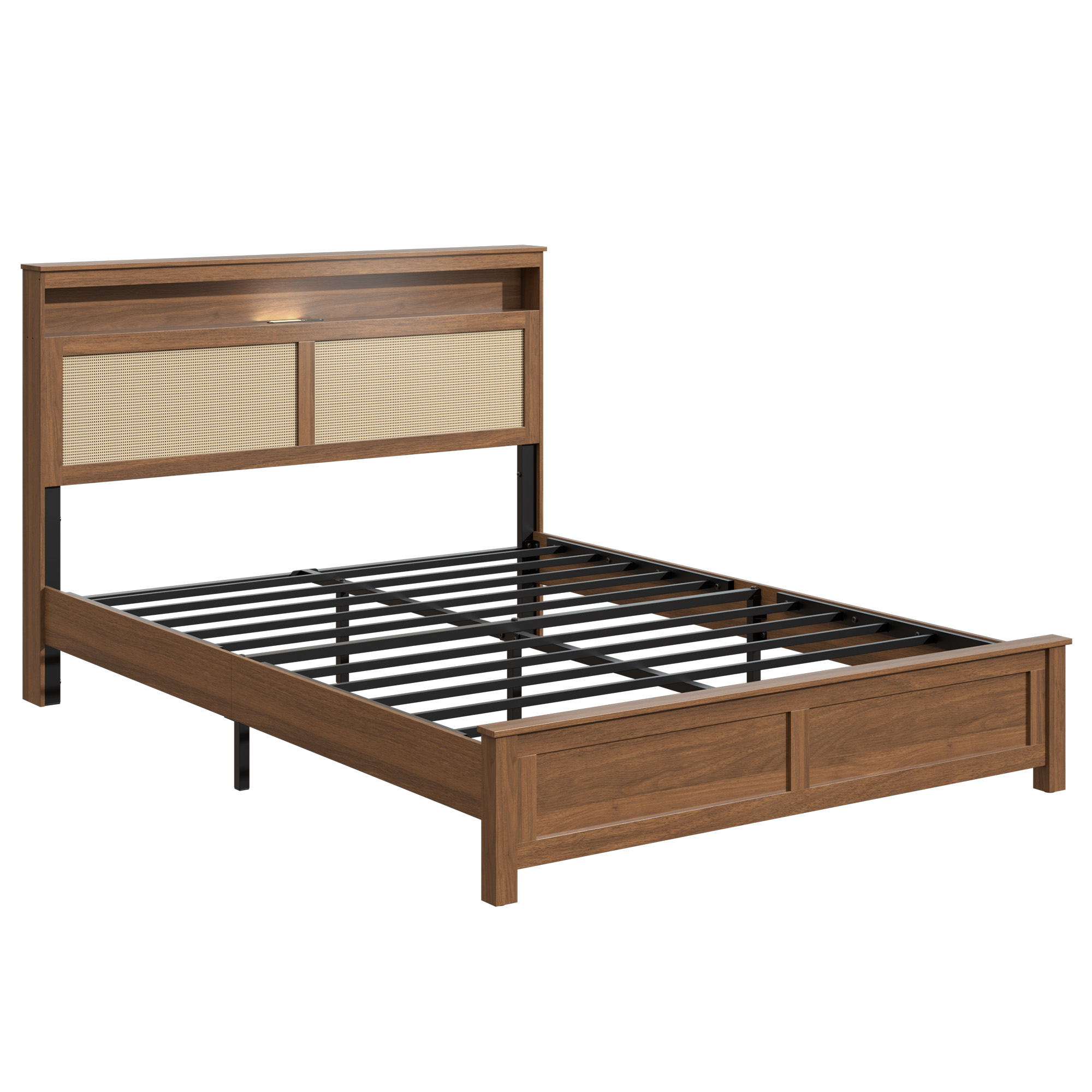 Queen Size Bed Frame with Rattan Headboard