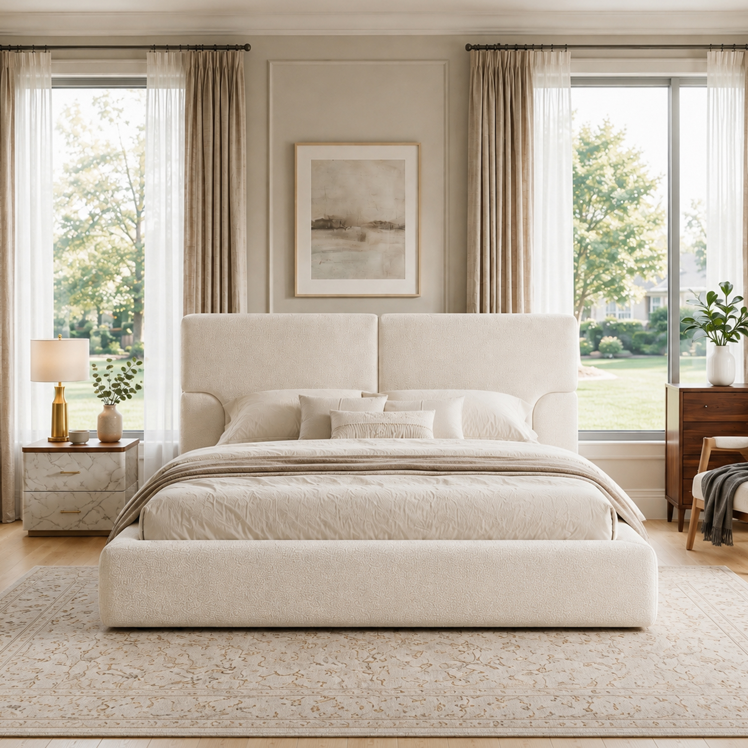 Queen Platform Bed Frame With Padded Polyester Headboard