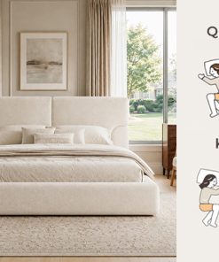 King Platform Bed Frame with Padded Polyester Headboard