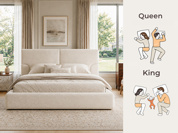 King Platform Bed Frame with Padded Polyester Headboard