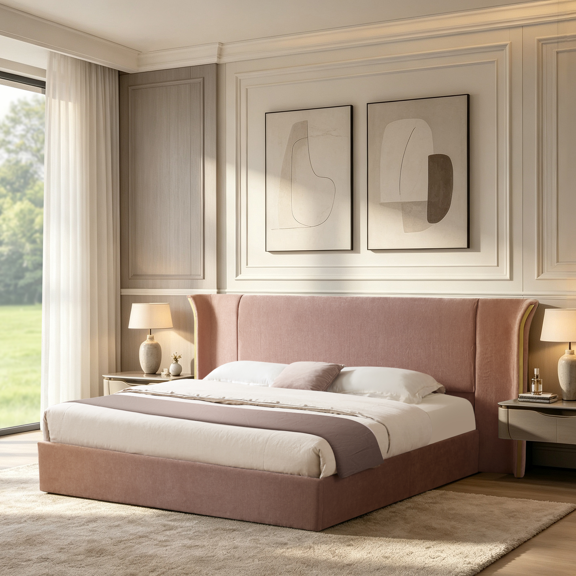 King Size Luxury Wing‑Back Upholstered Bed Frame