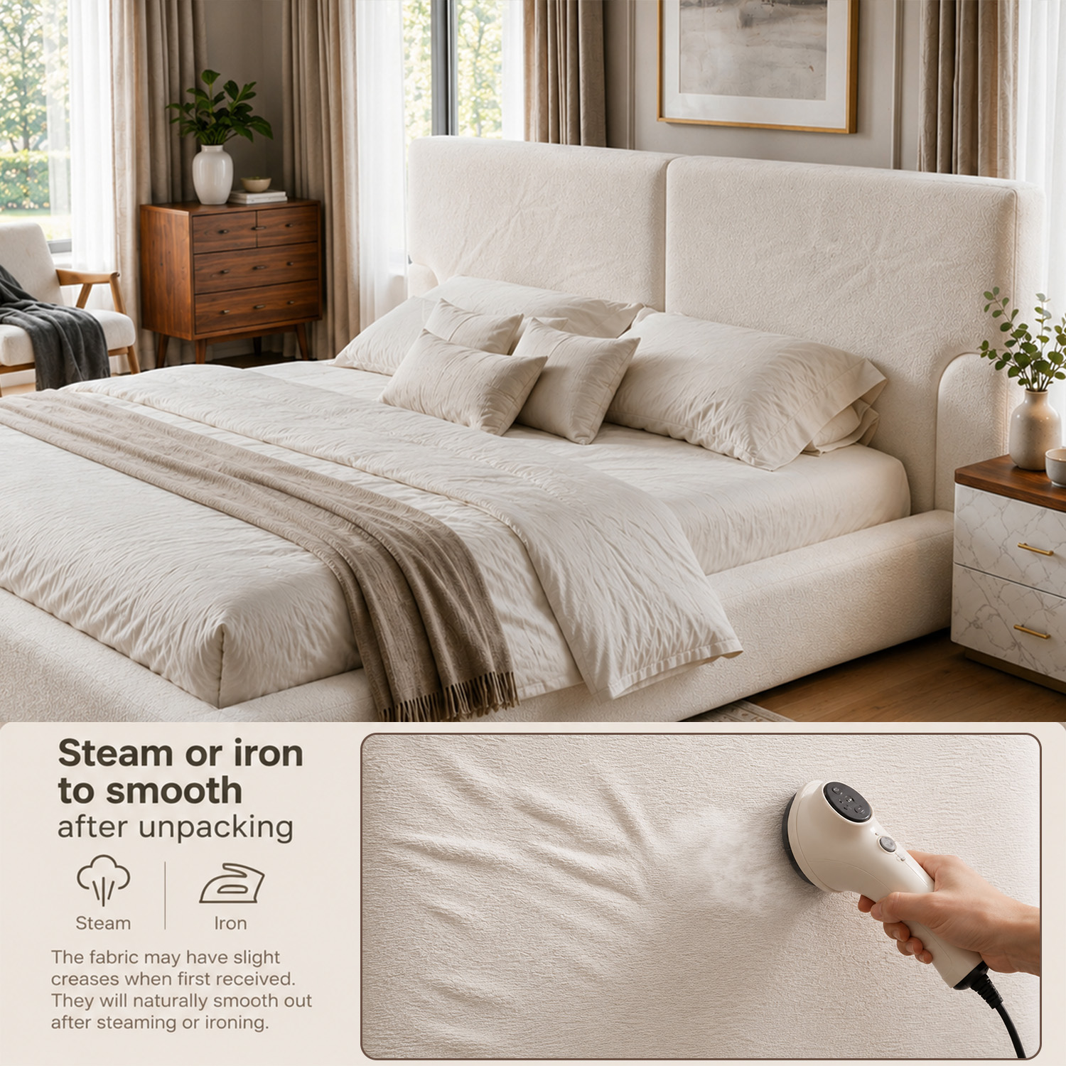 King Platform Bed Frame with Padded Polyester Headboard