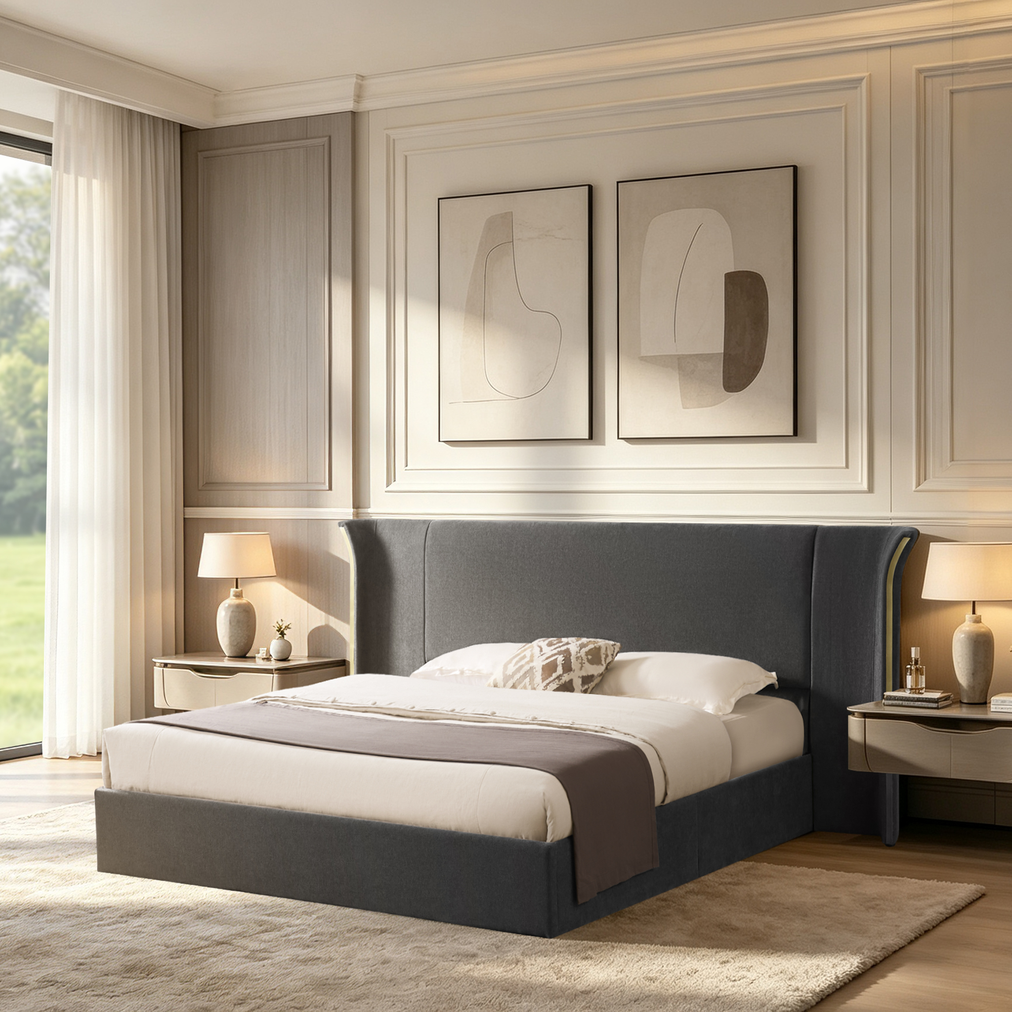 Queen Size Luxury Wingback Upholstered Bed Frame