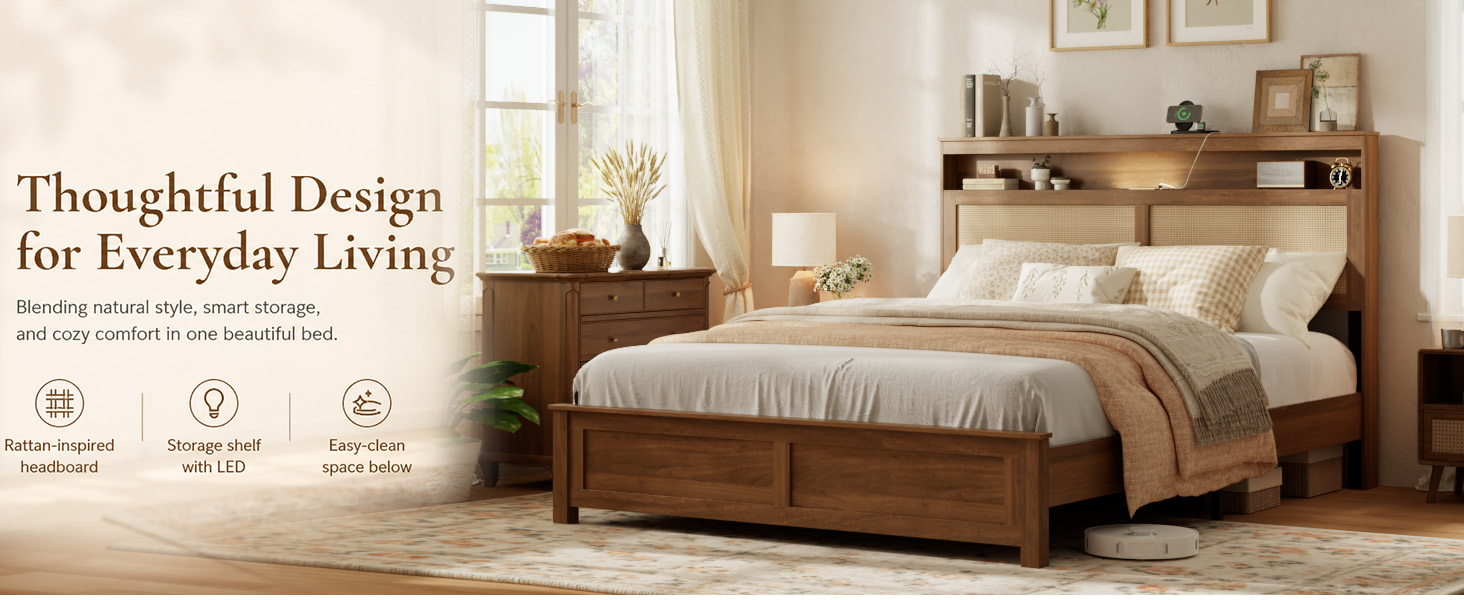 Queen Size Bed Frame with Rattan Headboard