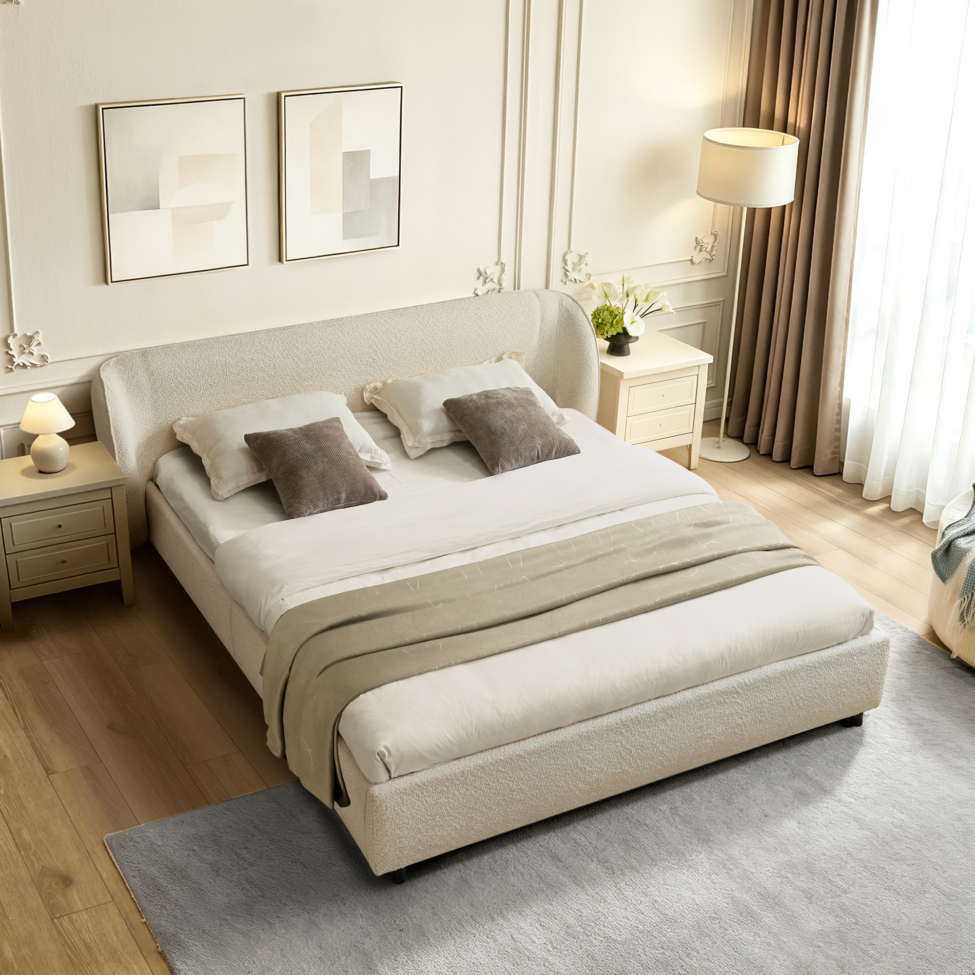 Queen Size Boucle Fabric Upholstered Bed Frame