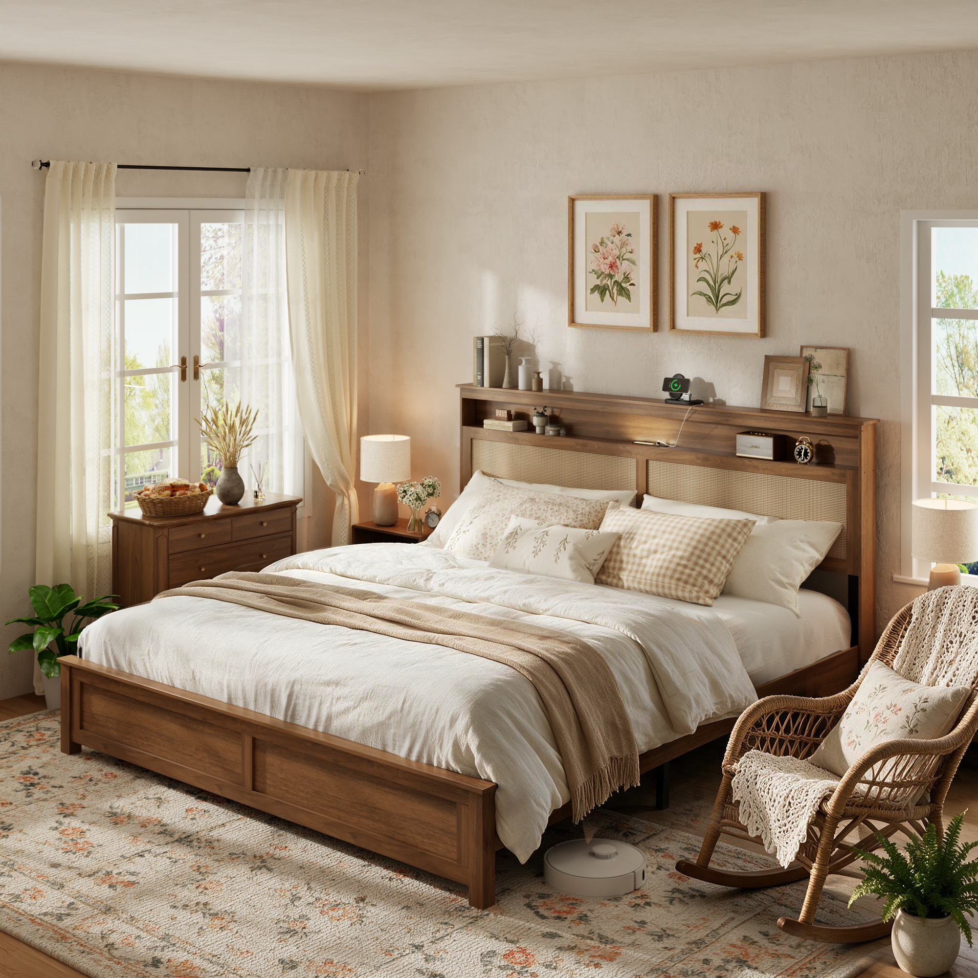 King Size Bed Frame with Rattan Headboard