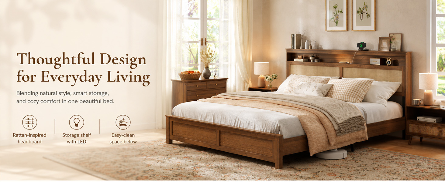 King Size Bed Frame with Rattan Headboard