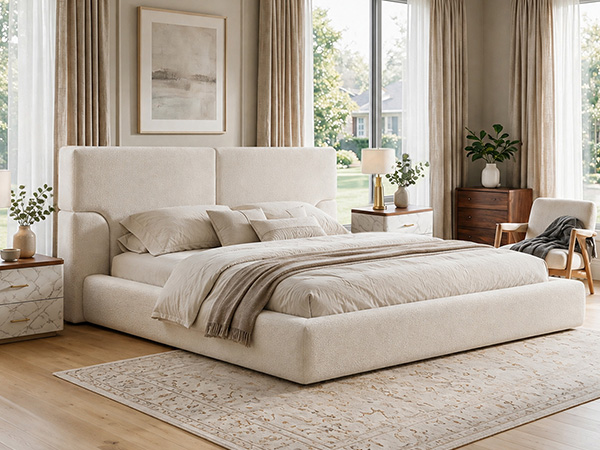 King Platform Bed Frame with Padded Polyester Headboard