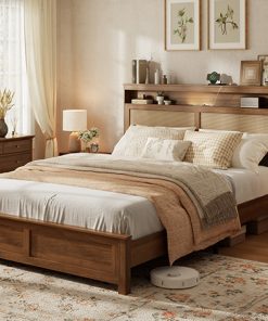 Queen Size Bed Frame with Rattan Headboard