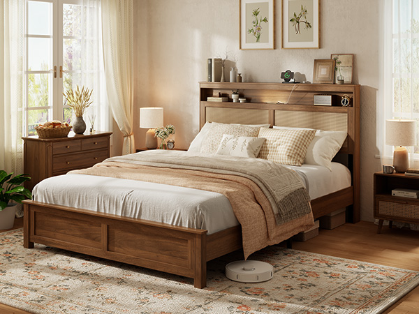 Queen Size Bed Frame with Rattan Headboard