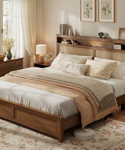 King Size Bed Frame with Rattan Headboard