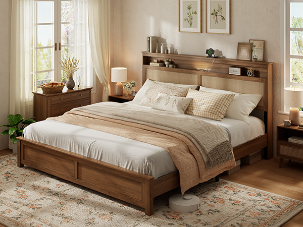 King Size Bed Frame with Rattan Headboard
