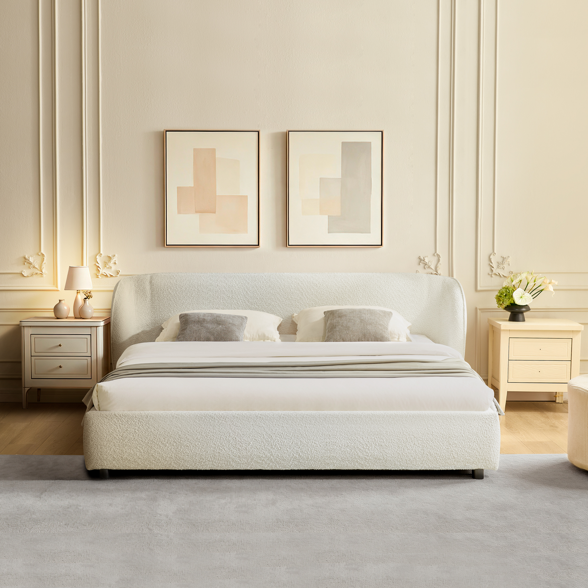 Queen Size Boucle Fabric Upholstered Bed Frame