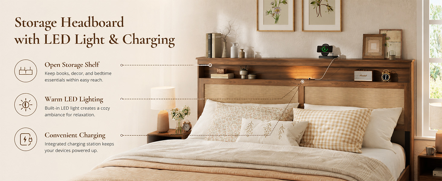 King Size Bed Frame with Rattan Headboard
