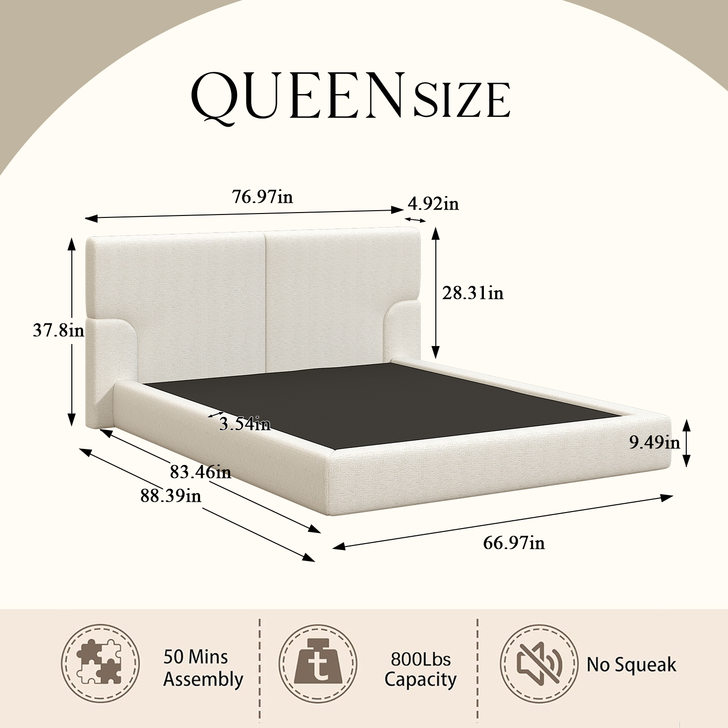 Queen Platform Bed Frame With Padded Polyester Headboard