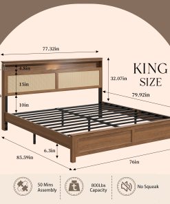 King Size Bed Frame with Rattan Headboard