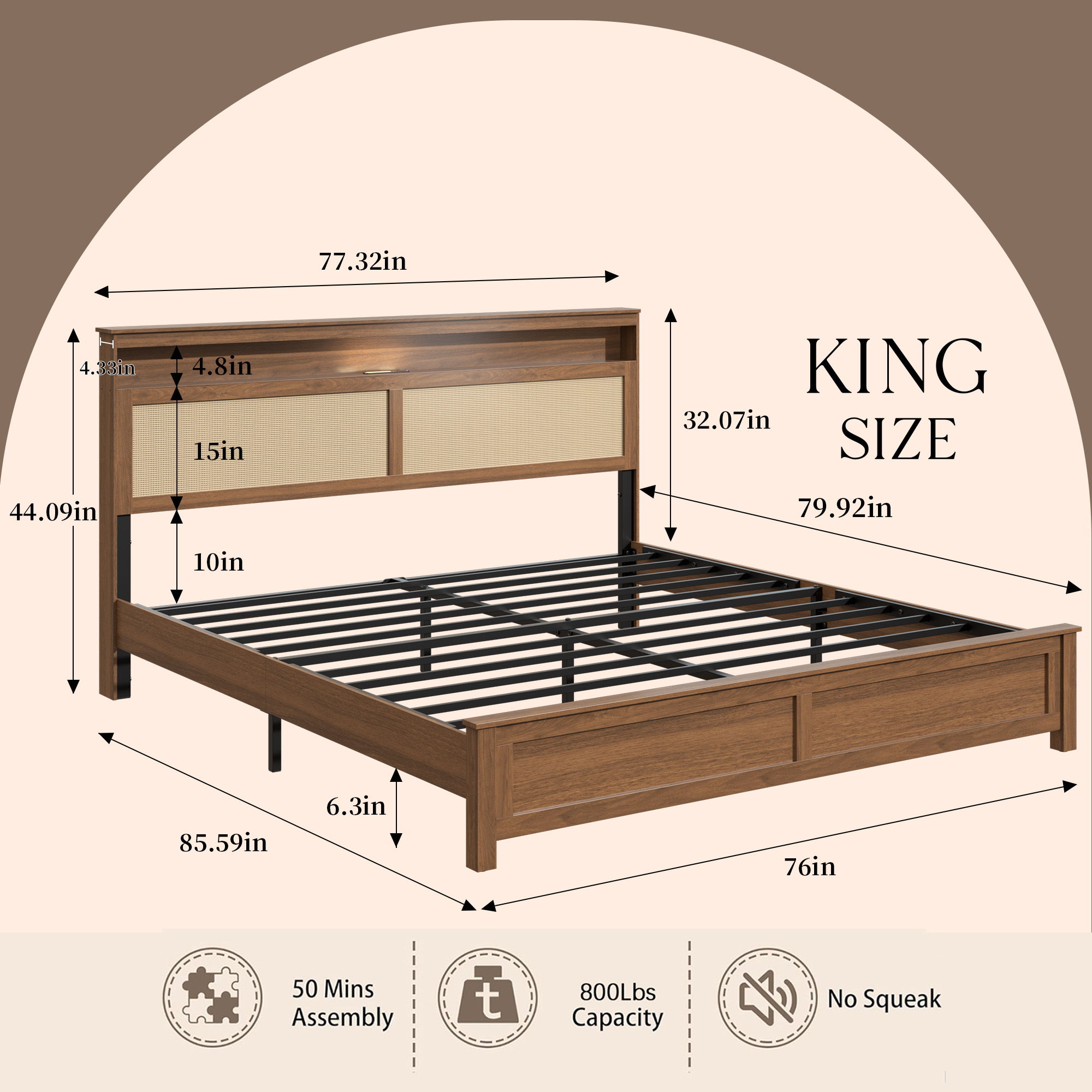 King Size Bed Frame with Rattan Headboard