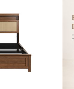 Queen Size Bed Frame with Rattan Headboard