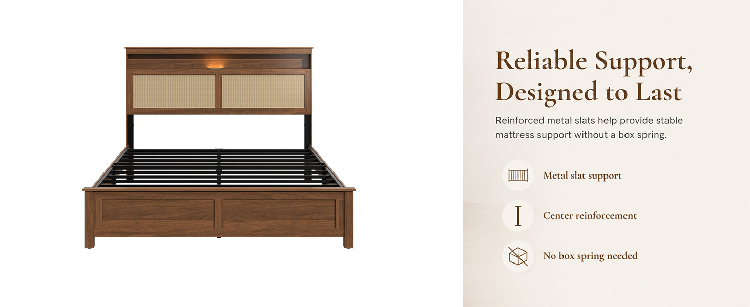 Queen Size Bed Frame with Rattan Headboard