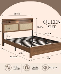 Queen Size Bed Frame with Rattan Headboard