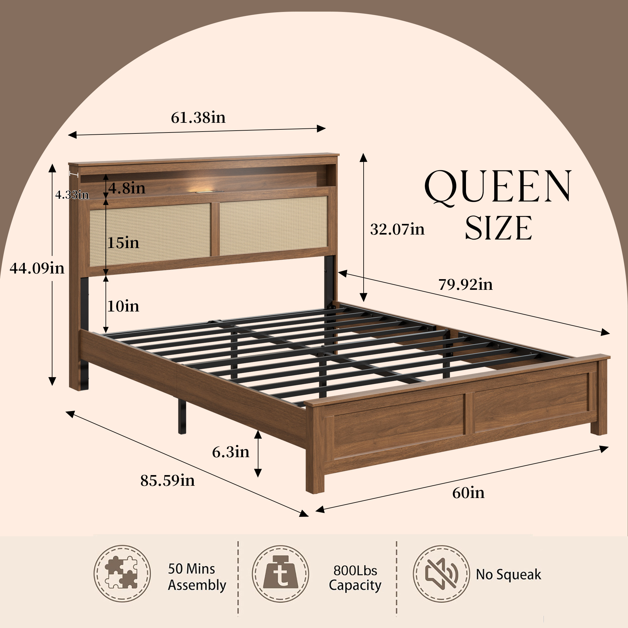 Queen Size Bed Frame with Rattan Headboard