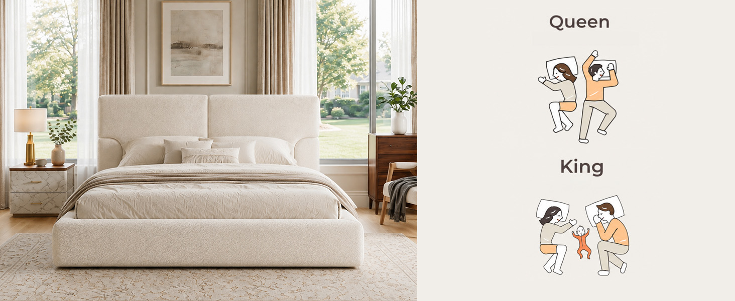 King Platform Bed Frame with Padded Polyester Headboard