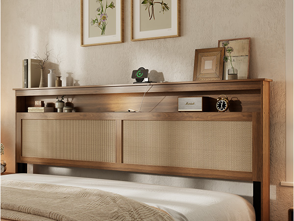 King Size Bed Frame with Rattan Headboard