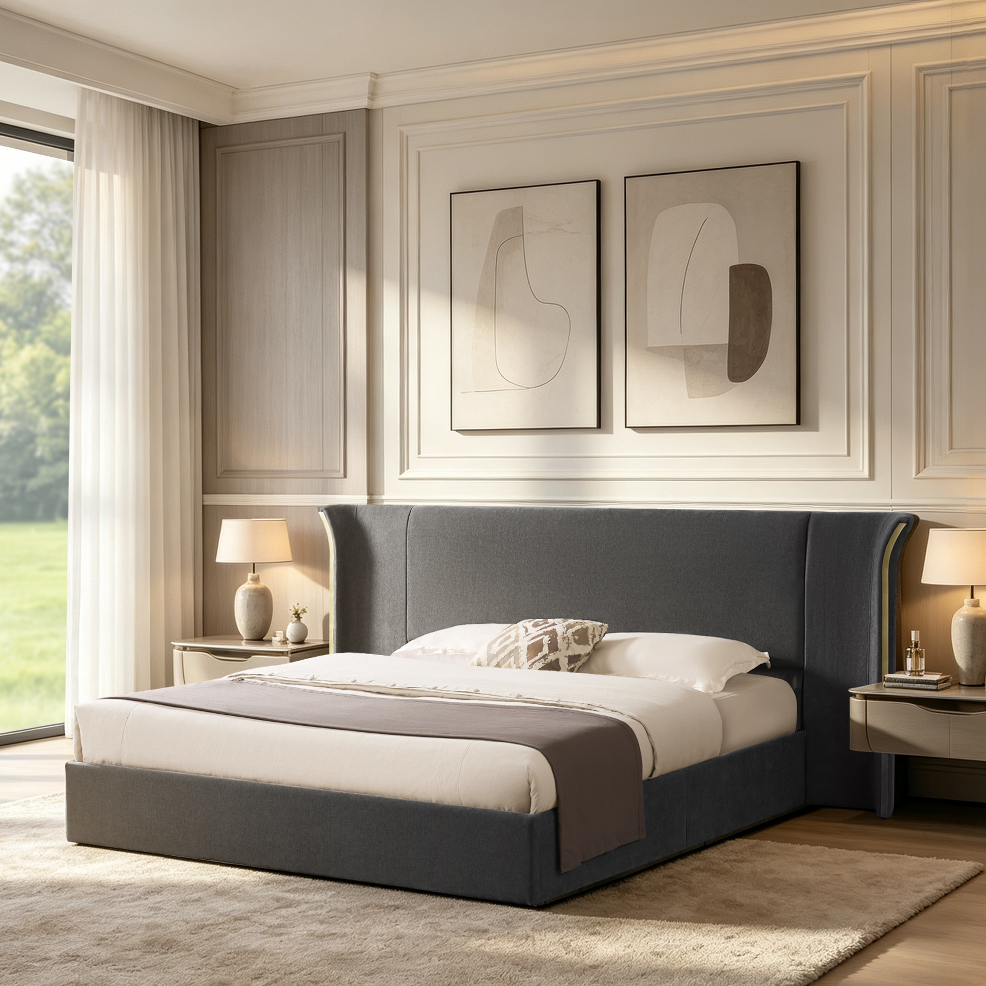 King Size Luxury Wing‑Back Upholstered Bed Frame