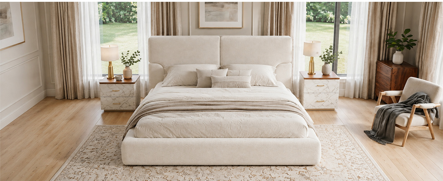 King Platform Bed Frame with Padded Polyester Headboard