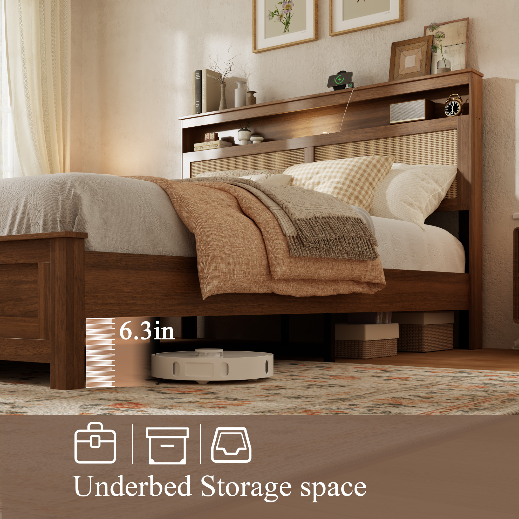 Queen Size Bed Frame with Rattan Headboard