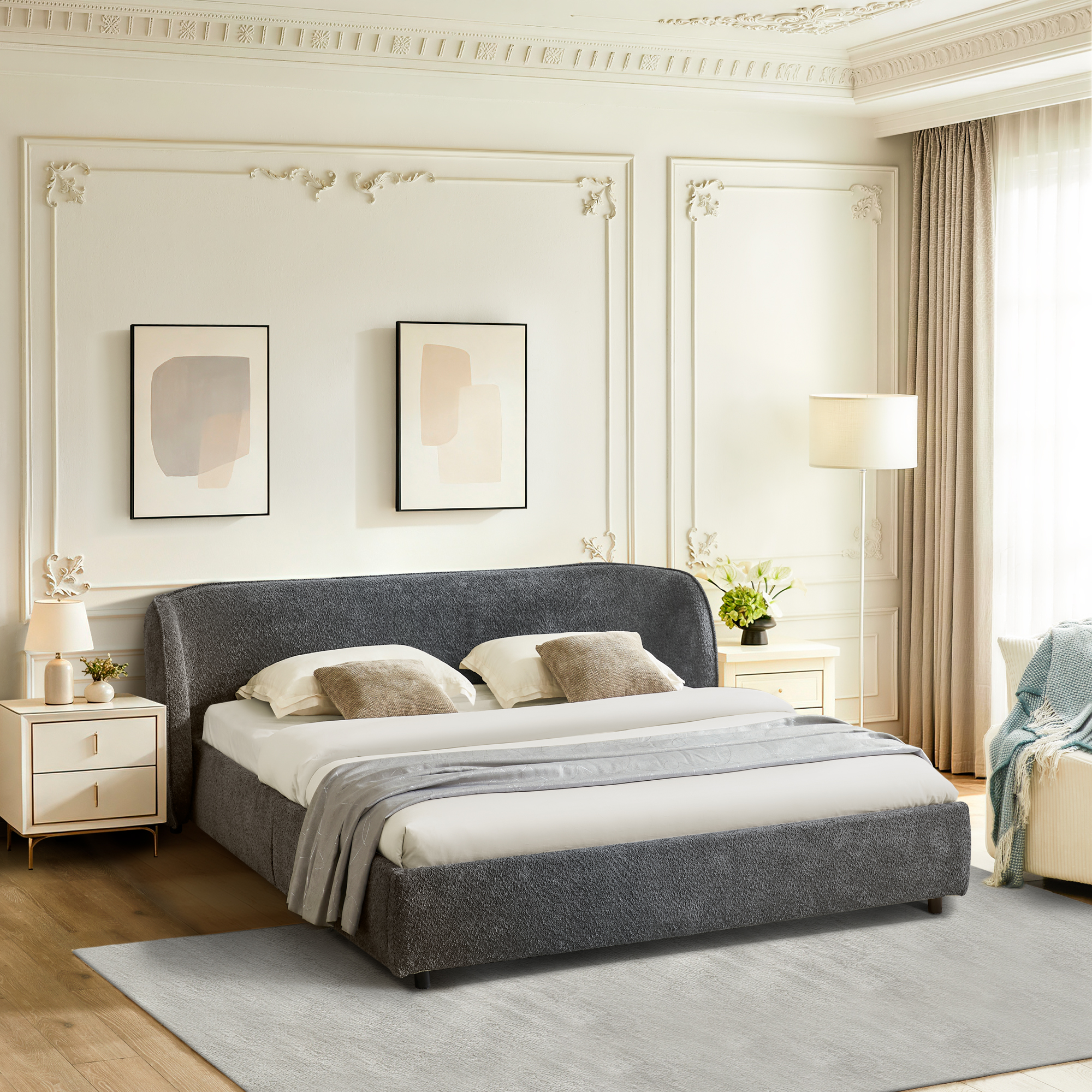 Queen Size Boucle Fabric Upholstered Bed Frame