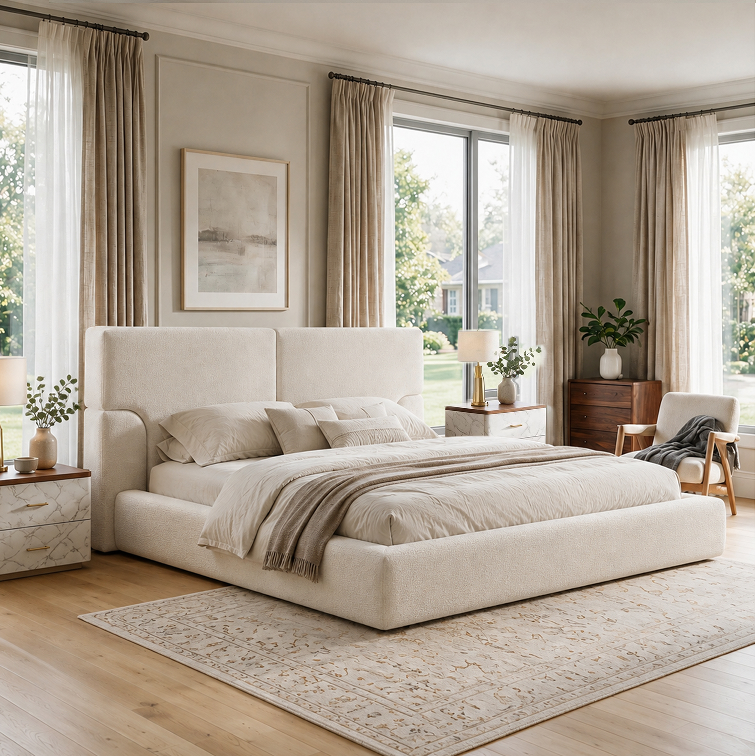 Queen Platform Bed Frame With Padded Polyester Headboard